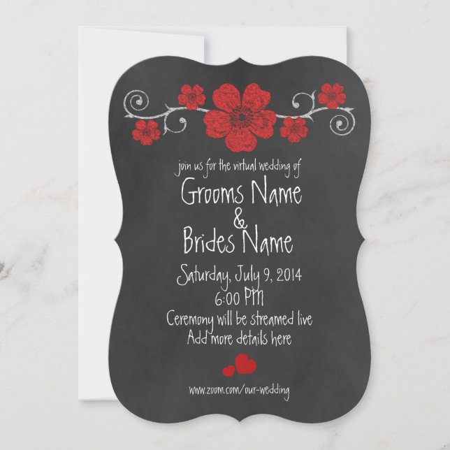 Wild Red Roses Chalkboard Virtual Wedding Invitation (Front)
