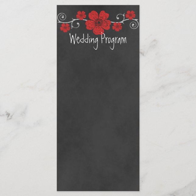 Wild Red Roses Chalkboard Wedding Program Card (Front)