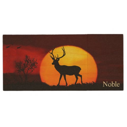 Wild reindeer calligraphy  sunrise on a jungle wood flash drive