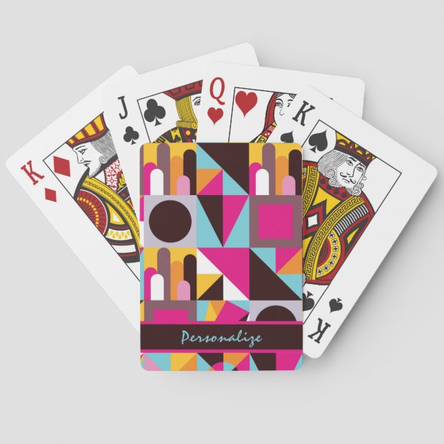 Wild Retro Geometric Pattern Hot Pink Blue Black Poker Cards (Back)
