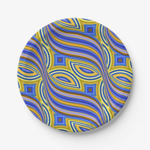 Wild Retro Psychedelic Blue Yellow Pattern Paper Plates