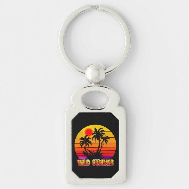 Wild Retro Summer Vibes with Palm Trees Design Keychain (Front)