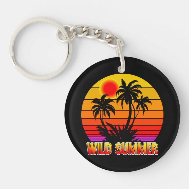 Wild Retro Summer Vibes with Palm Trees Design Keychain (Front)