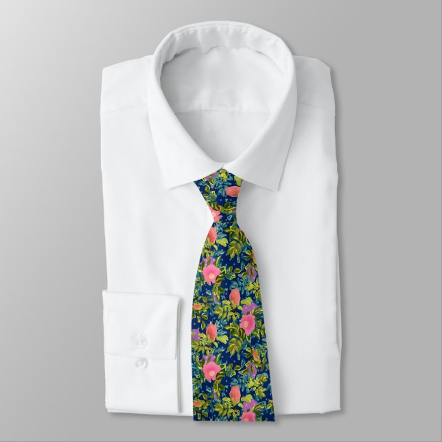 Wild rose, blue background, wild rose, roses  neck tie (Tied)