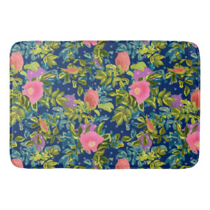 Wild rose, blue background, wild rose, roses, pink bath mat