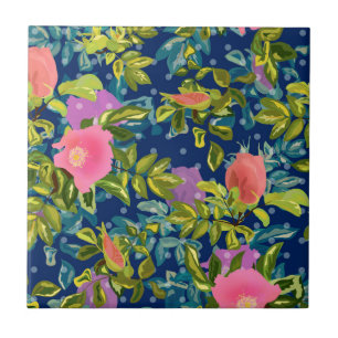 Wild rose, blue background, wild rose, roses, pink ceramic tile