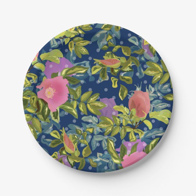 Wild rose, blue background, wild rose, roses, pink paper plates (Front)