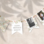 Wild Rose First Birthday Photo Bunting Flags<br><div class="desc">Our "Wild Rose Kids First Birthday" collection features gentle watercolor wild rose florals in light green and pink tones,  paired with a combination of elegant typography. This birthday collection has numerous matching products following the theme. Check our store for more items from this collection.</div>