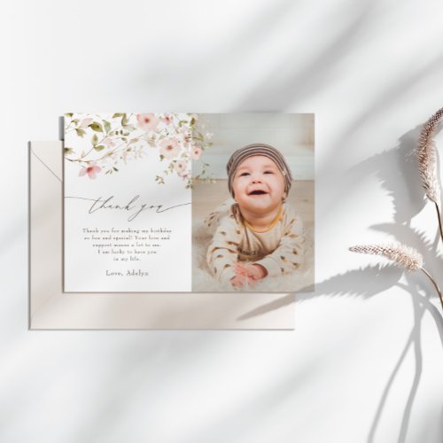 Wild Rose First Birthday Photo Thank You Card