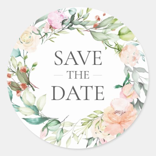 Wild Rose Floral Garland Save the Date Favor Classic Round Sticker