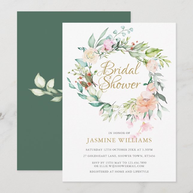 Wild Rose Floral Gold Script Bridal Shower Invitation (Front/Back)