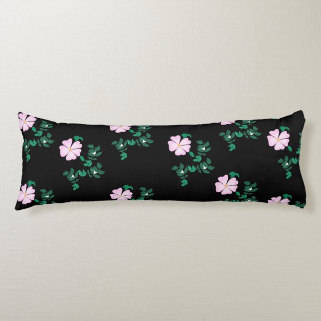 Wild Rose - Floral Pattern on Black Background   Body Pillow (Front)
