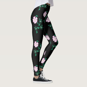 Wild Rose - Floral Pattern on Black Background   Leggings