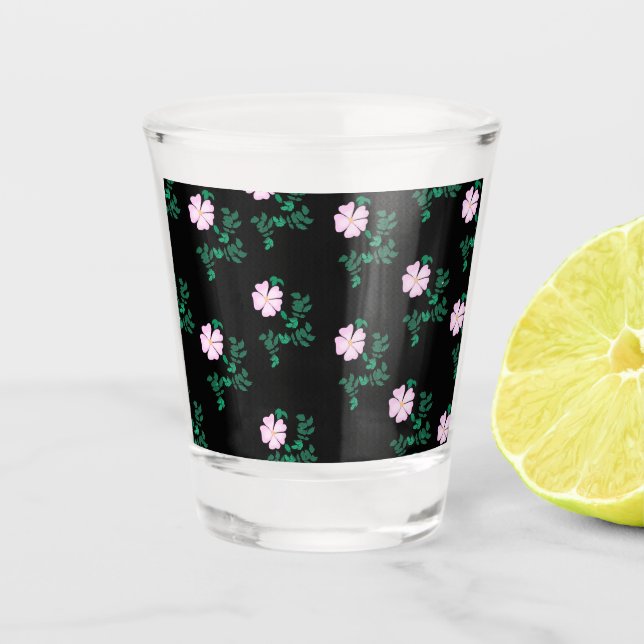 Wild Rose - Floral Pattern on Black Background  Shot Glass (Front)