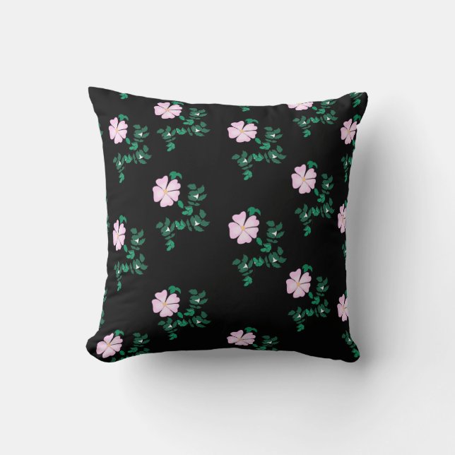 Wild Rose - Floral Pattern on Black Background Throw Pillow (Front)