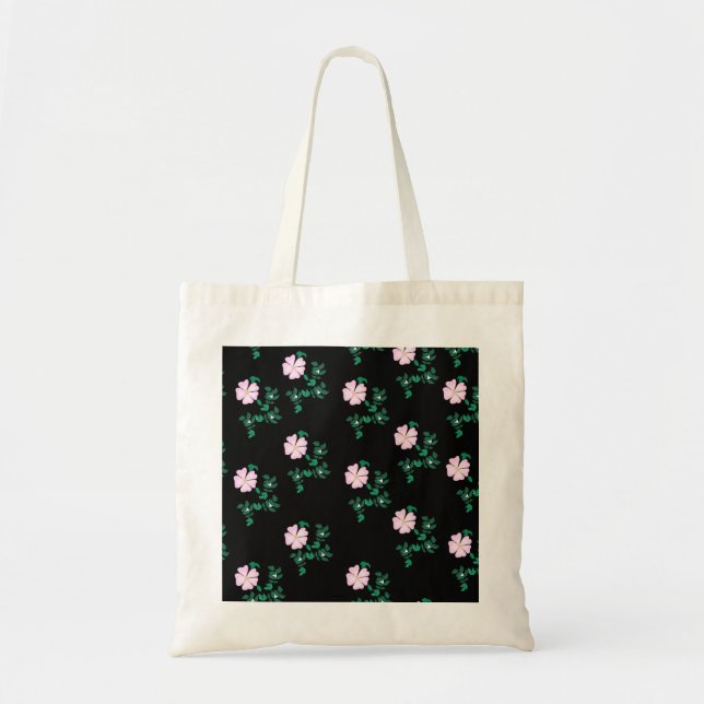 Wild Rose - Floral Pattern on Black Background Tote Bag (Front)