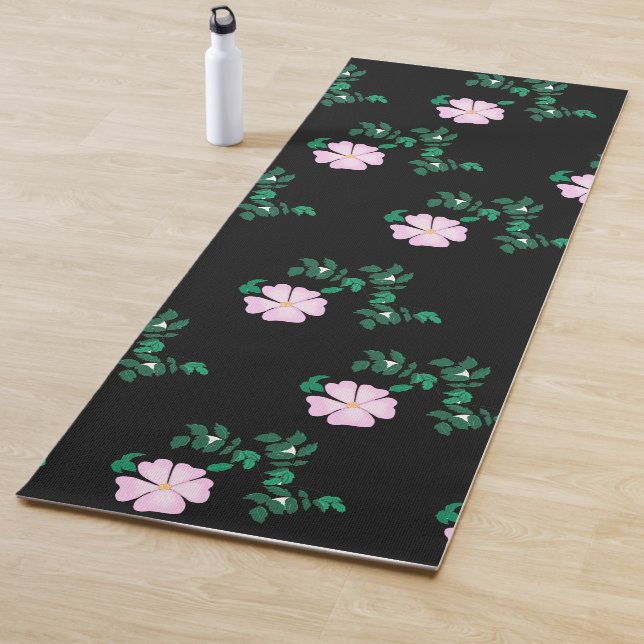Wild Rose - Floral Pattern on Black Background   Yoga Mat (In Situ)