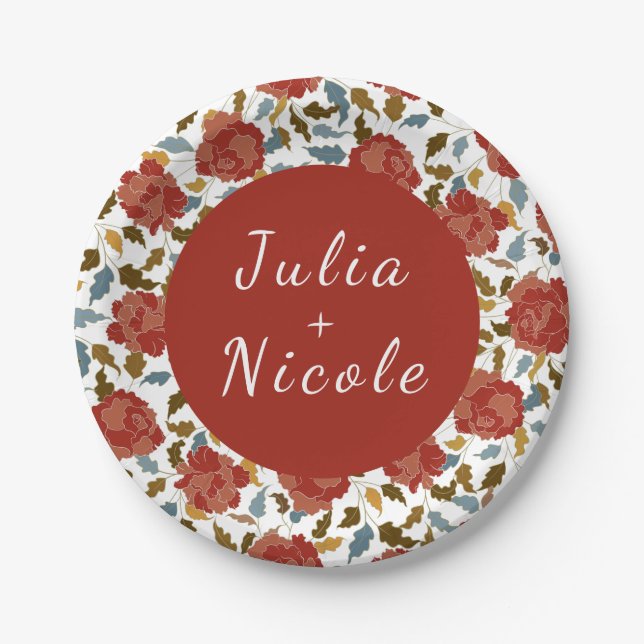 Wild Rose Floral Petals Garden Affair Wedding Paper Plates (Front)