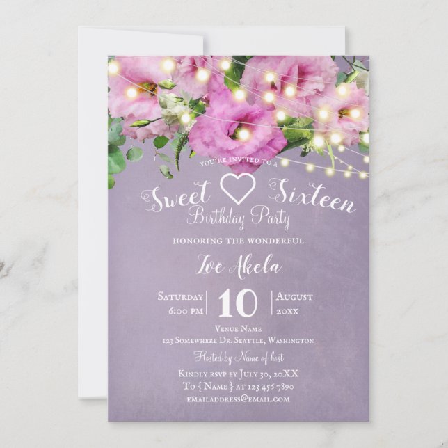 Wild Rose Garden | Lilac Sweet 16  Birthday Party Invitation (Front)