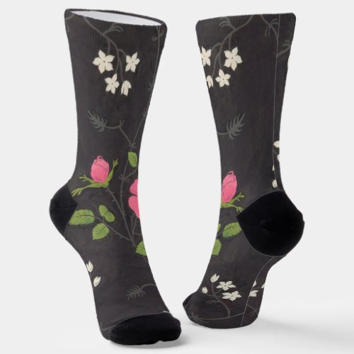 Wild rose textile design on dark background  socks