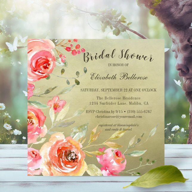 Wild Rose Watercolor Floral Bridal Shower Square Invitation (Creator Uploaded)