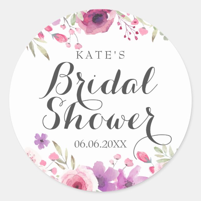 Wild Rose Watercolour Floral Bridal Shower Classic Round Sticker (Front)