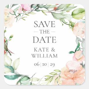 Wild Rose Watercolour Garland Save the Date Favor Square Sticker