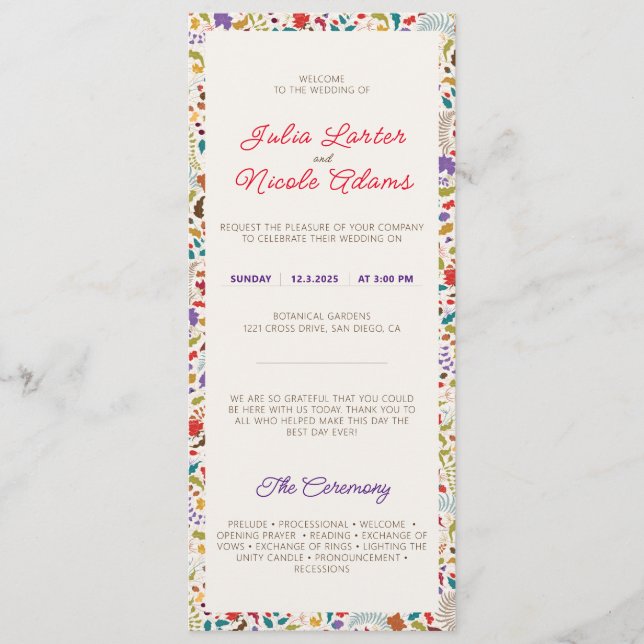 Wild Rose Woods Exotic Flower Garden Wedding Program (Front)