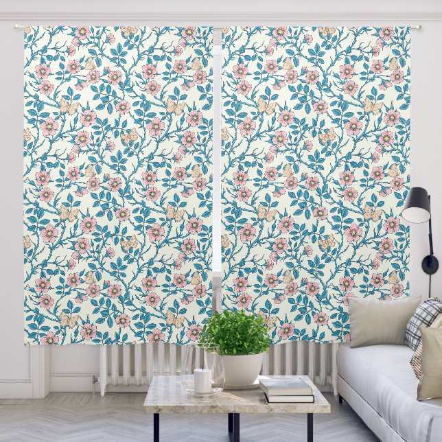 Wild roses and butterflies /pink/blue/off white blackout curtains (Living Room)