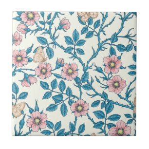 Wild roses and butterflies /pink/blue/off white ceramic tile