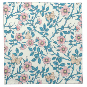 Wild roses and butterflies /pink/blue/off white cloth napkin