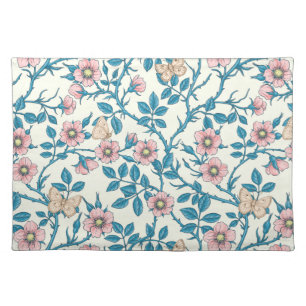 Wild roses and butterflies /pink/blue/off white cloth placemat