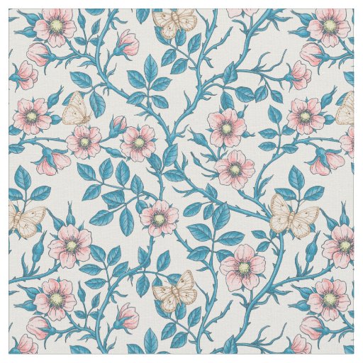 Wild roses and butterflies /pink/blue/off white fabric