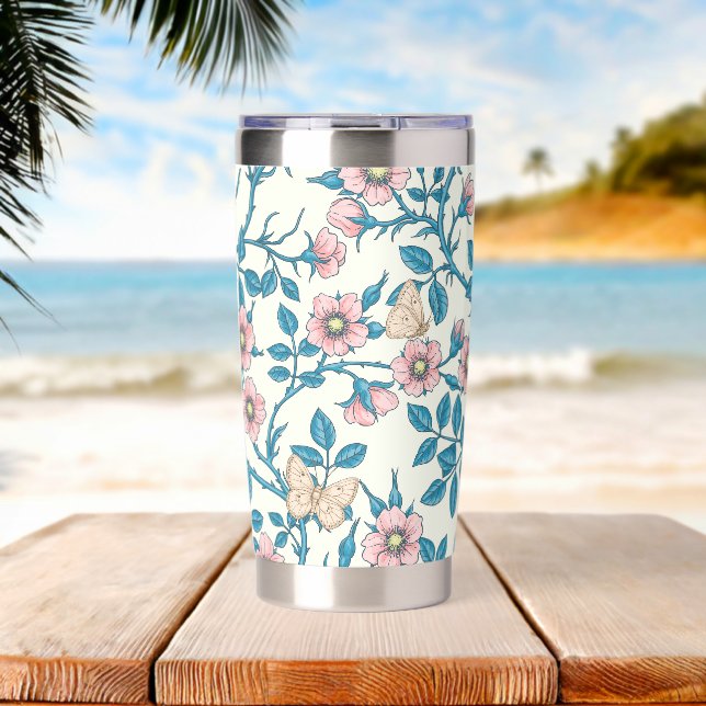 Wild roses and butterflies /pink/blue/off white insulated tumbler (Beach (Rotated))