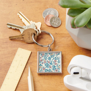 Wild roses and butterflies /pink/blue/off white keychain