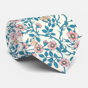 Wild roses and butterflies /pink/blue/off white neck tie