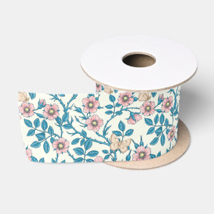 Wild roses and butterflies /pink/blue/off white satin ribbon