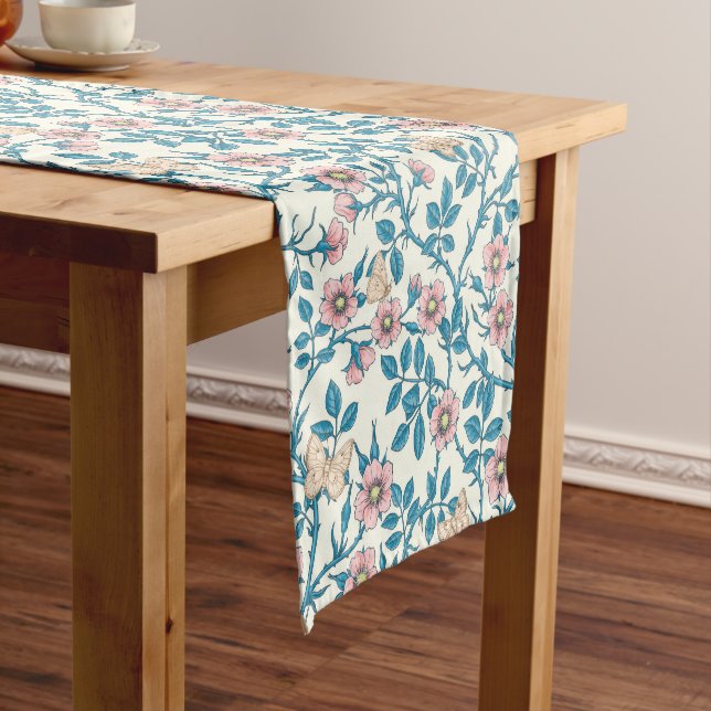 Wild roses and butterflies /pink/blue/off white short table runner (In Situ)