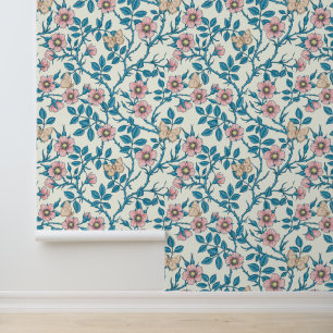 Wild roses and butterflies /pink/blue/off white wallpaper