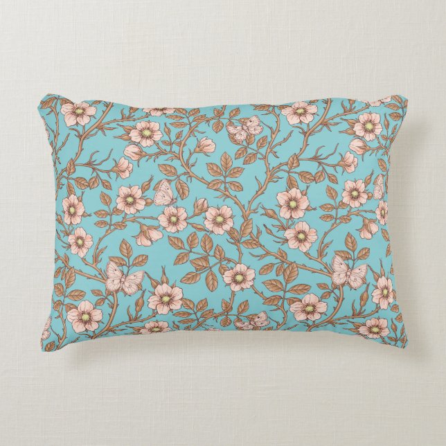 Wild roses and butterflies /pink/brown/pool accent pillow (Front)