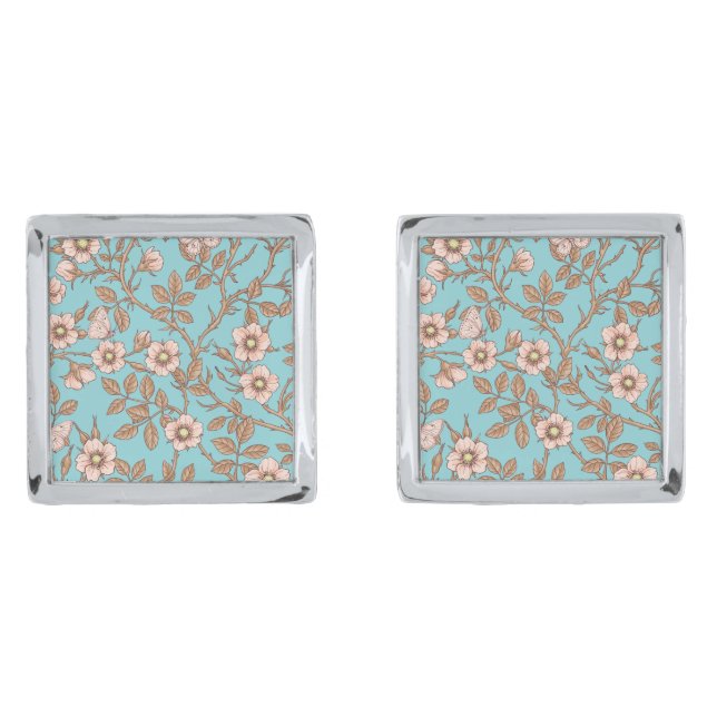 Wild roses and butterflies /pink/brown/pool cufflinks (Front)