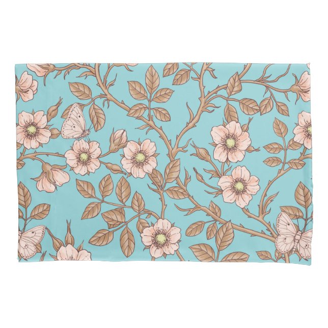 Wild roses and butterflies /pink/brown/pool pillow case (Front-Left)