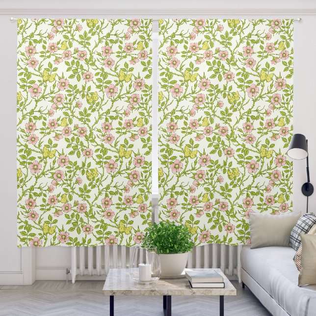 Wild roses and butterflies /pink/pale green/yellow blackout curtains (Living Room)