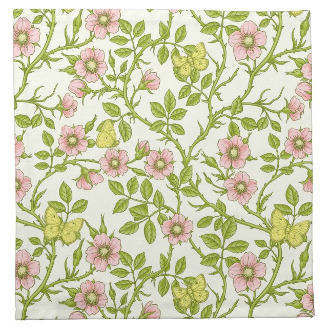 Wild roses and butterflies /pink/pale green/yellow cloth napkin (Front)