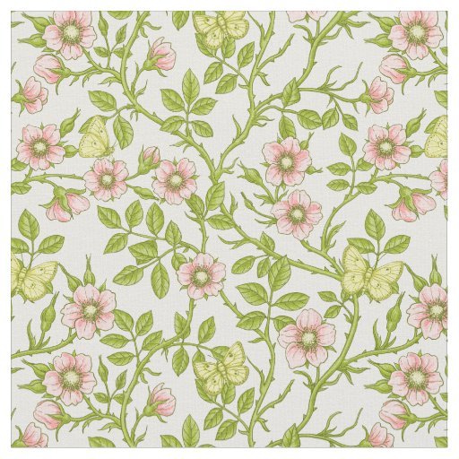 Wild roses and butterflies /pink/pale green/yellow fabric
