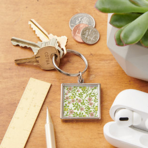 Wild roses and butterflies /pink/pale green/yellow keychain