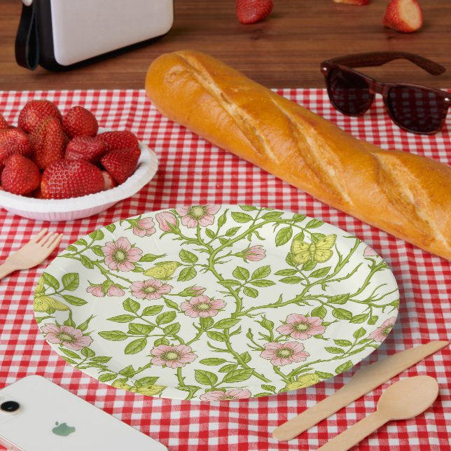 Wild roses and butterflies /pink/pale green/yellow paper plates (Picnic)