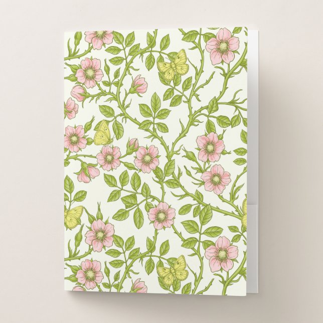 Wild roses and butterflies /pink/pale green/yellow pocket folder (Front)