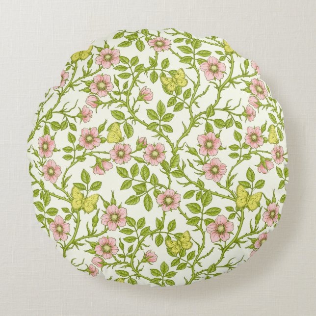 Wild roses and butterflies /pink/pale green/yellow round pillow (Front)