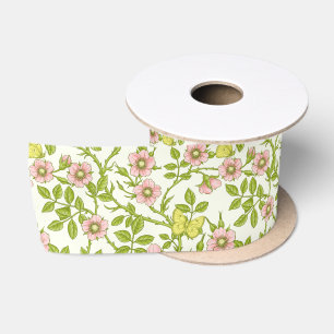 Wild roses and butterflies /pink/pale green/yellow satin ribbon